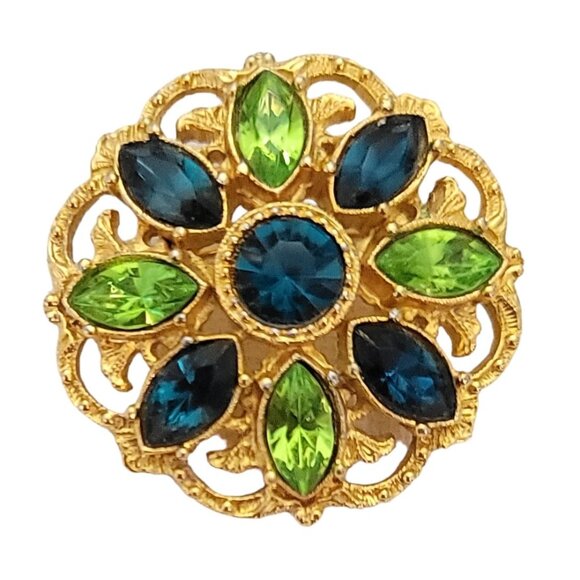 1928 Brand Green, Blue Resin Rhinestone Gold Tone Round Filigree Brooch L24 - Picture 1 of 9